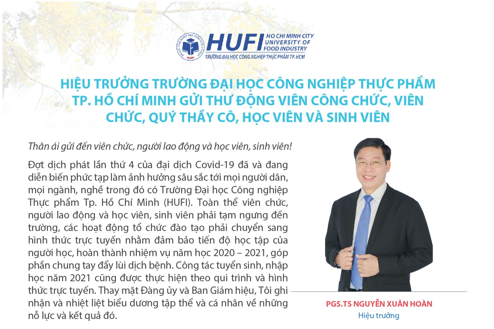 Hiệu trưởng trường ĐH Công nghiệp Thực phẩm TP.HCM gửi thư động viên công chức, viên chức, quý thầy cô, học viên và sinh viên